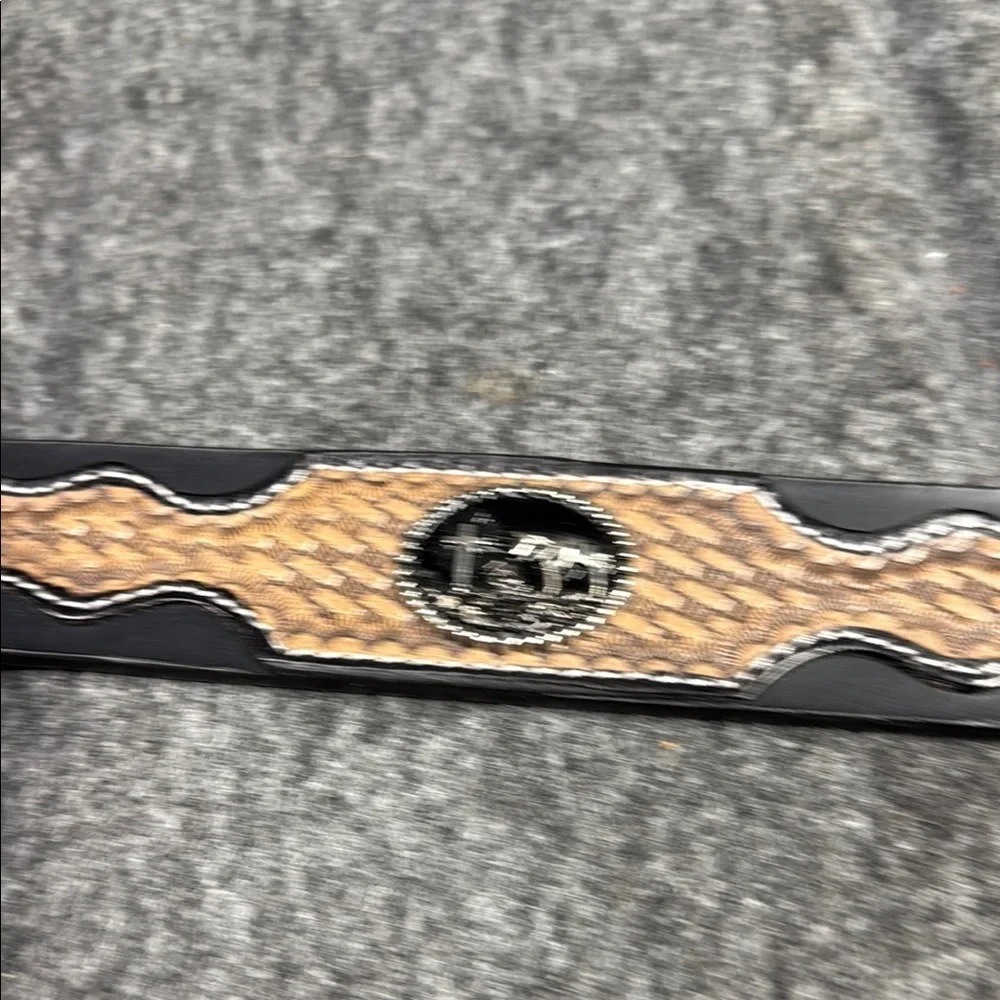 Black and Tan Woven Leather Belt with Silver Buckle